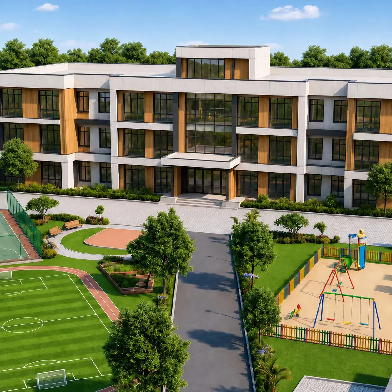 Commercial modular building with landscaped outdoor recreation areas